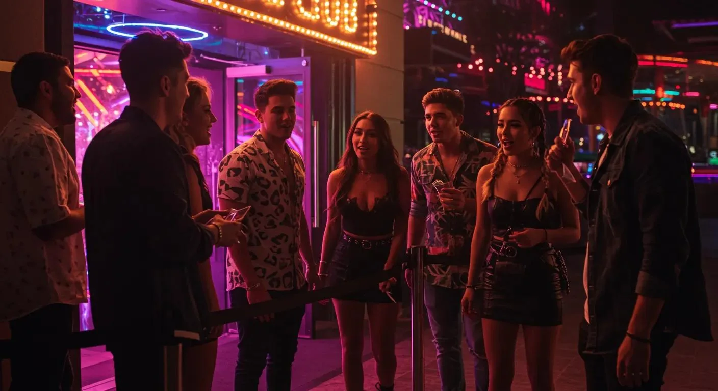 Excited group of friends at a Las Vegas nightclub entrance, confidently discussing their guest list strategy